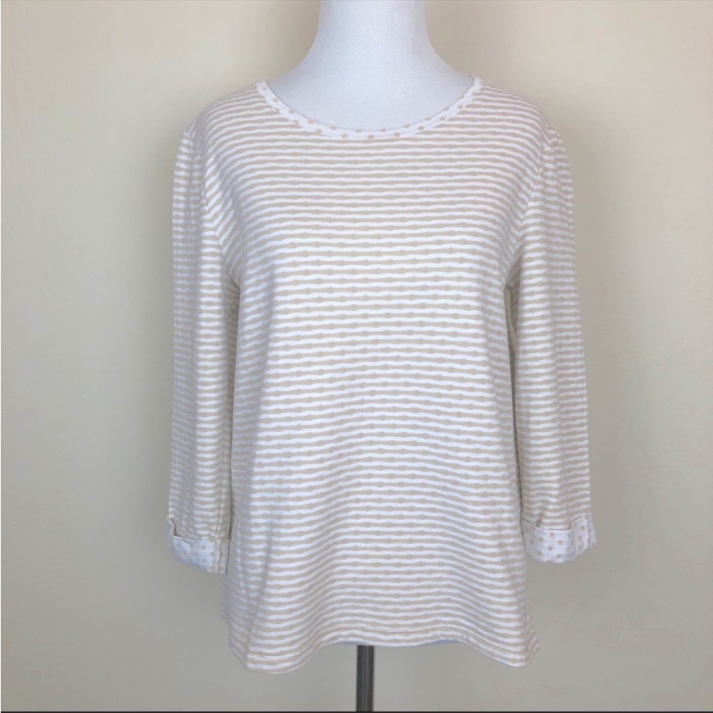 Chico’s Cream/Beige and White Striped 3/4 Sleeve Blouse -Size Chico’s 0=Small